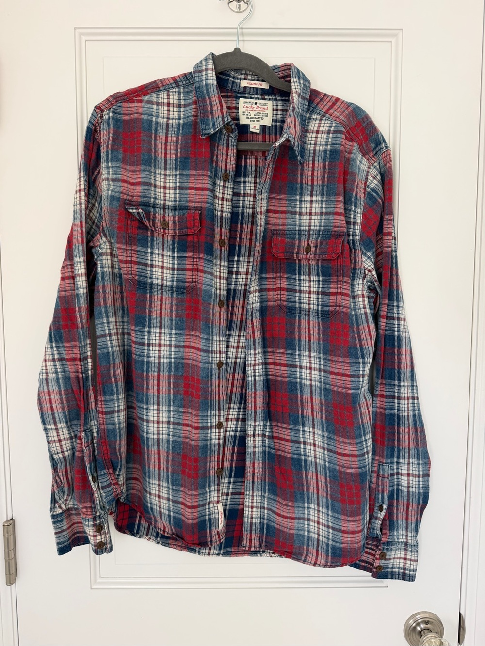 Lucky Brand Men's Red, Blue & White Plaid Button-Down Shirt